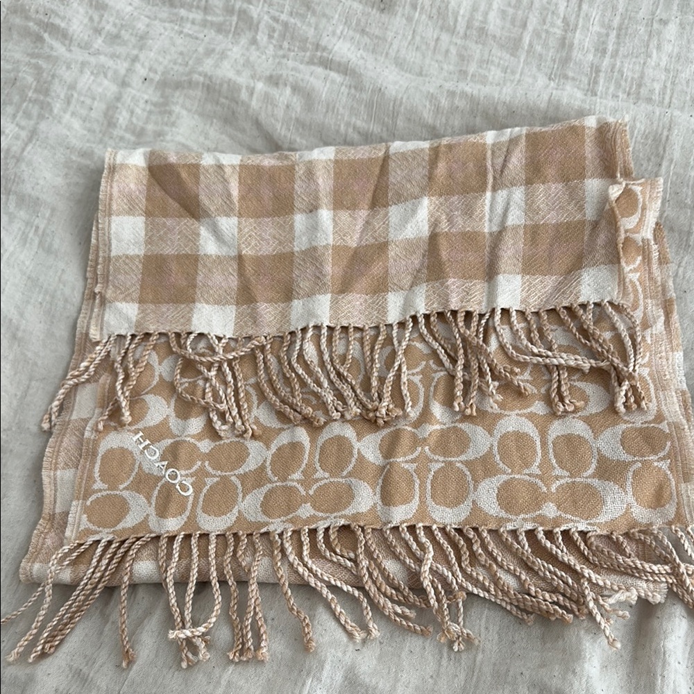 Coach caramel with pale pink plaid scarf.